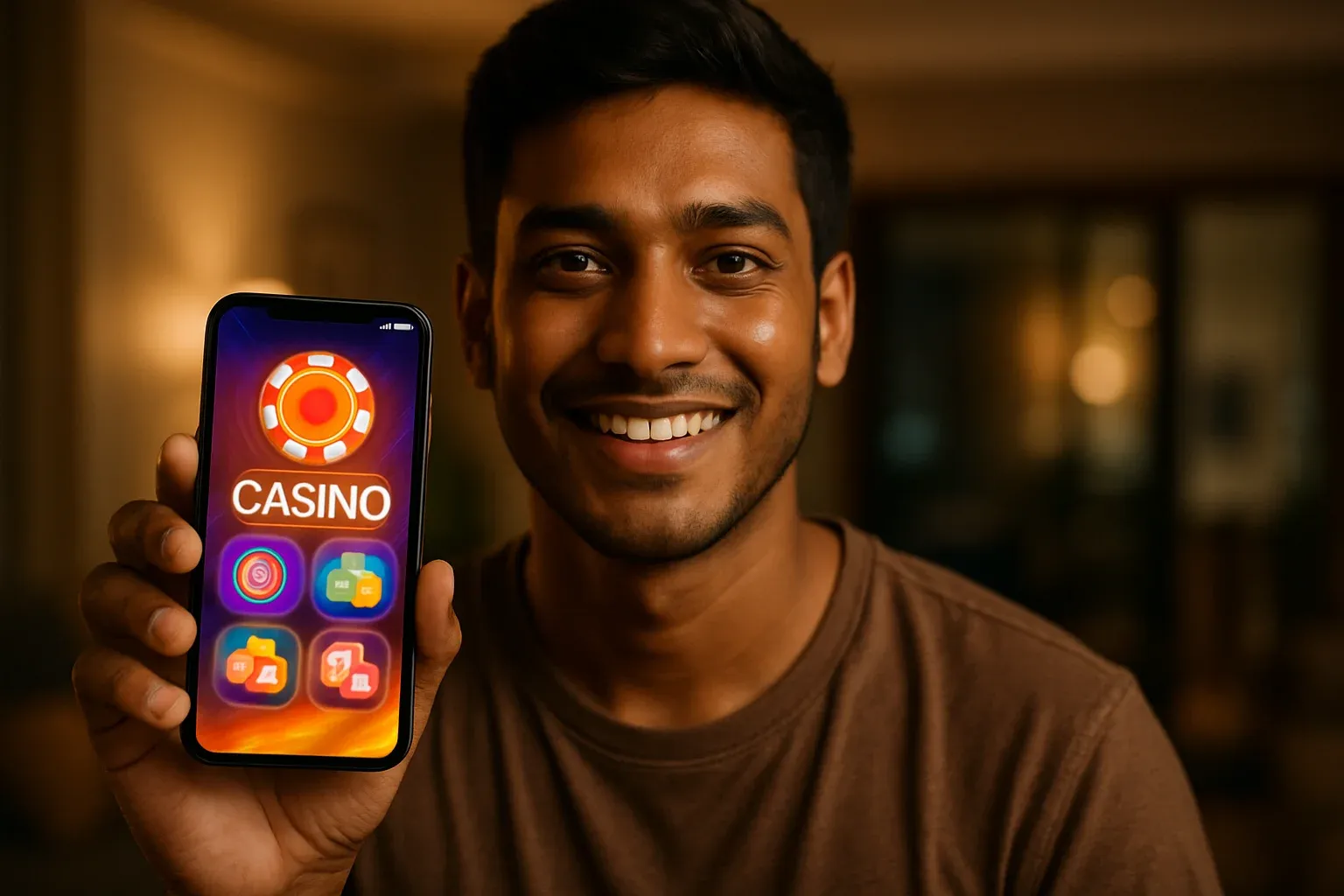 Young Bangladeshi man holding smartphone showing colorful casino app interface