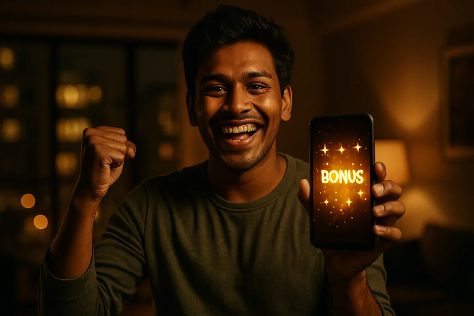 Joyful Bangladeshi man holding smartphone with glowing bonus notification