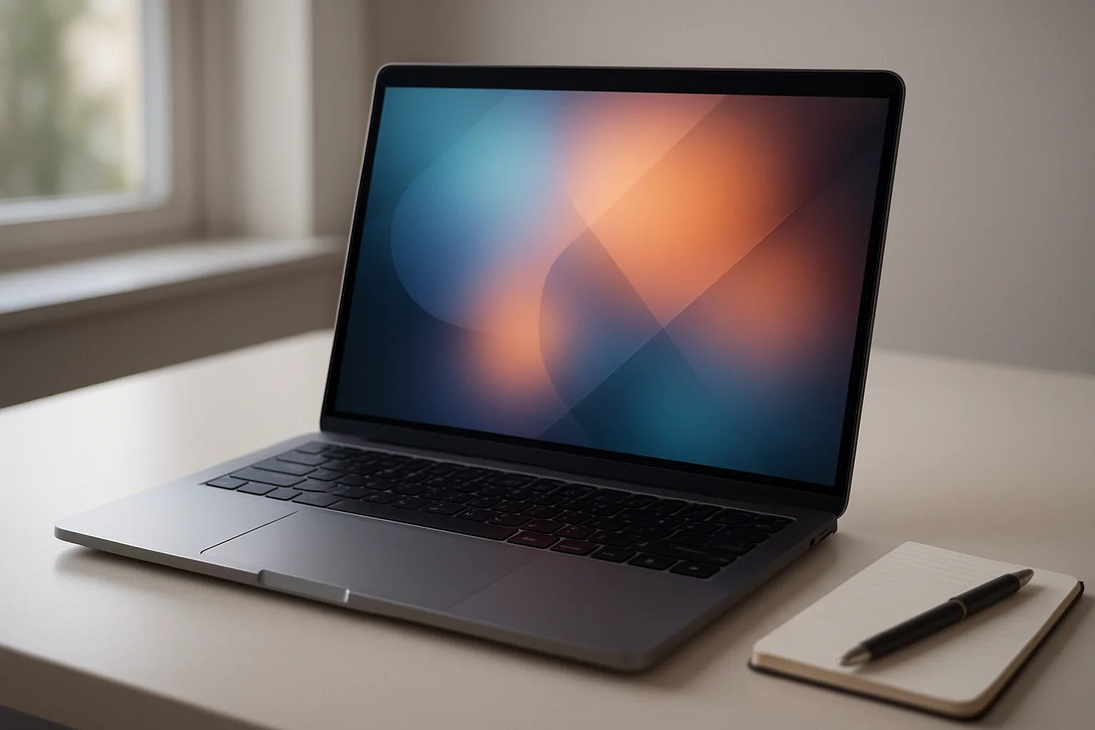 Modern laptop on white desk with glowing abstract screen and notepad