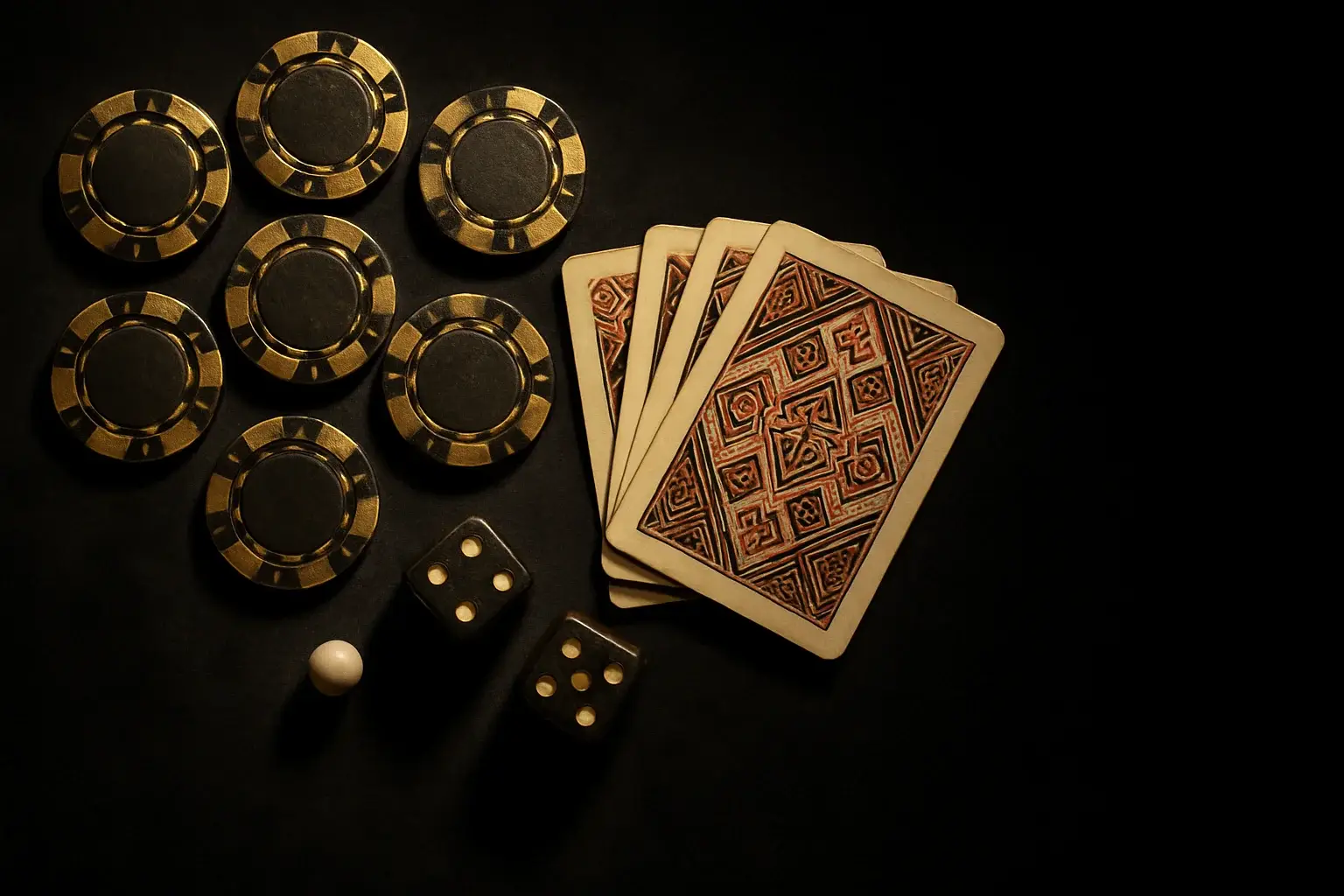 Top-down casino scene with chips, cards, dice, and roulette ball