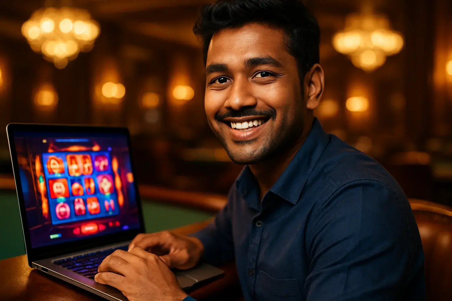 Cheerful Bangladeshi man with open laptop showing colorful casino interface