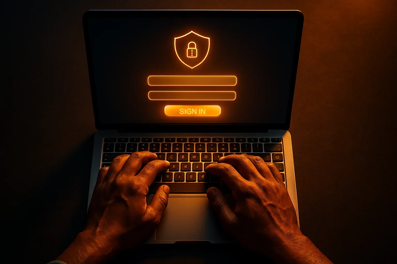 Bangladeshi man's hands on laptop showing stylized login screen
