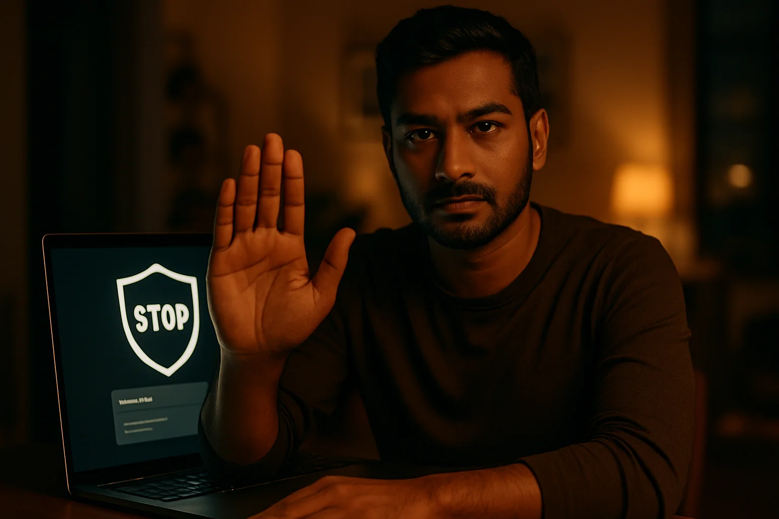 Bangladeshi man showing stop gesture beside laptop with responsible gambling screen
