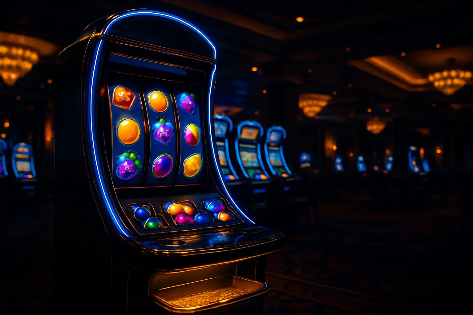 Hyperrealistic premium slot machine with glowing reels in dark luxury casino